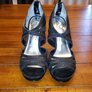 Mina black sparkle open toe heels